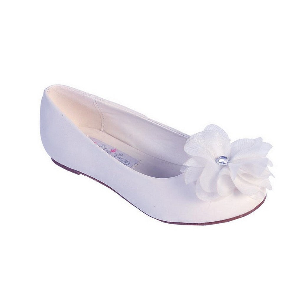 Flache Schuhe – Mädchen, Weiß, Chiffon, mit Strass, groß, Blume, verziert, Kinder – 11-13