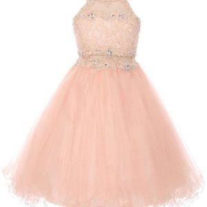 Brautjungfernkleid für größere Mädchen – mit Neckholder, aus Tüll, mit Spitze, mit Strass – Altrosa – 8-20