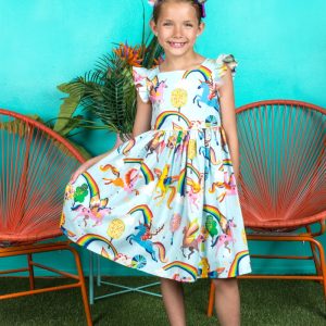 Kleid – Mädchen, Blau, Einhornmotiv, Print, Schmetterlingsmotiv, Ärmel, Baumwolle, Größen – 2-14