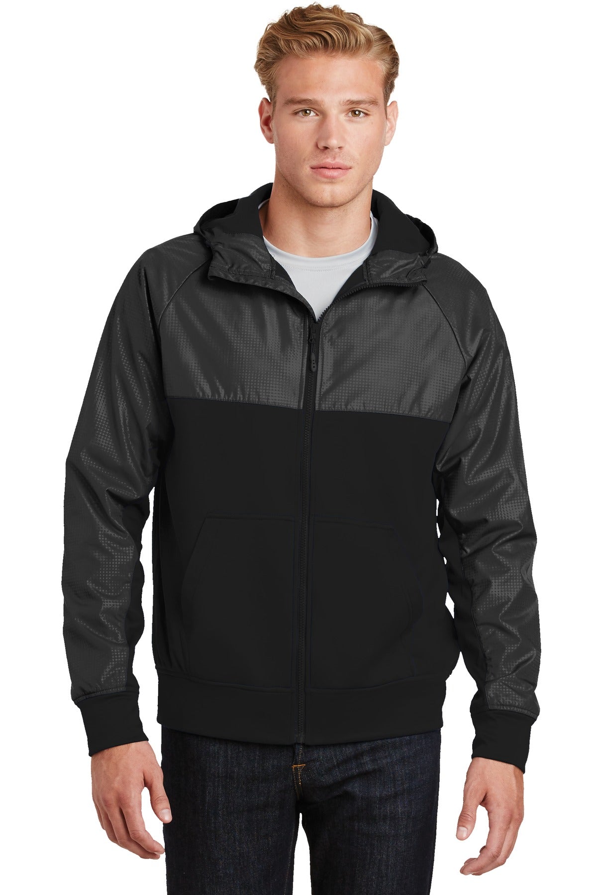 Sport-Tek Kapuzenjacke – Herren, geprägt, Hybrid, durchgehender Reißverschluss – JST50
