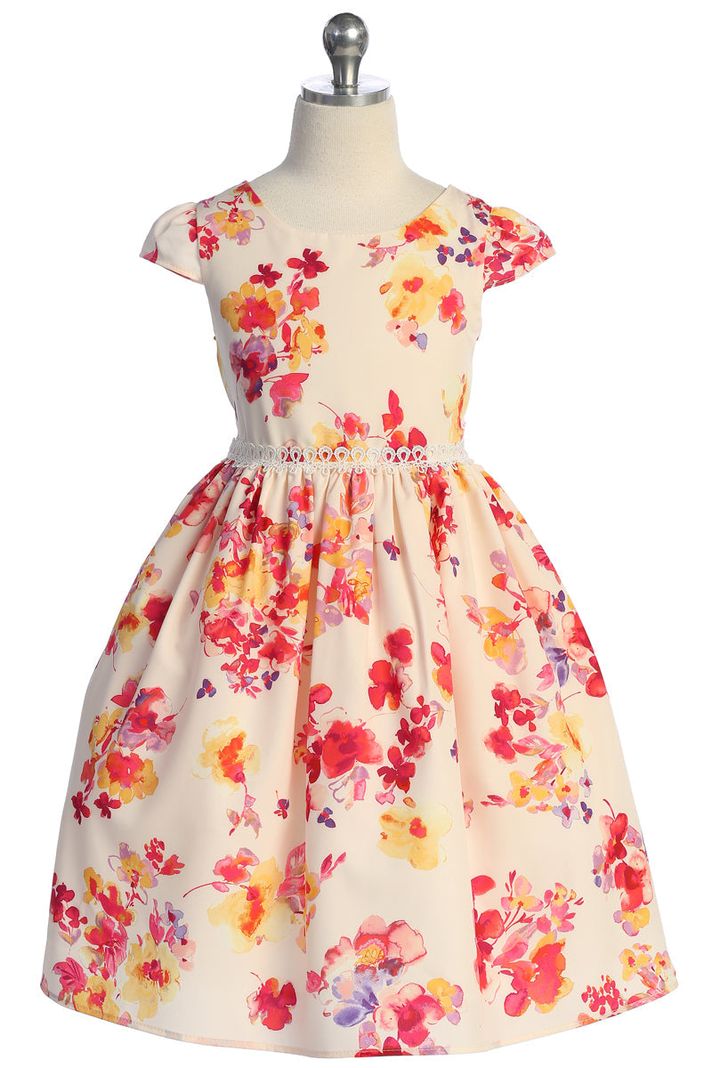 Kleid – Mädchen, mit Spitze, Besatz, Blumenmuster, kurze Kappenärmel – 2-14