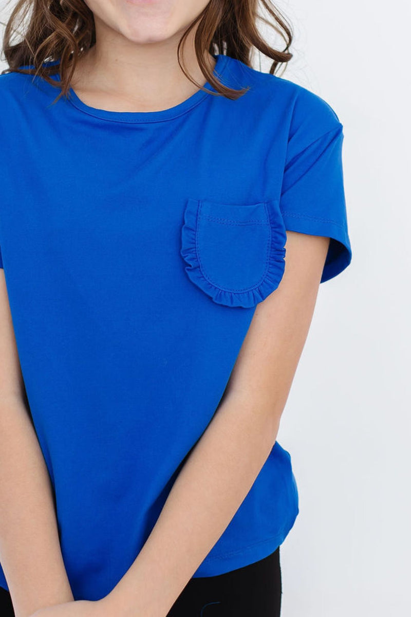 T-Shirt mit gerüschter Tasche – Königsblau