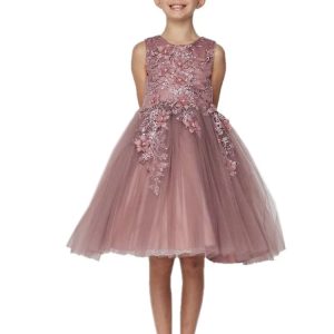 Kleid – Mädchen, Mauve, Blumenmuster, Applikationen, weich, Tüll, Ostern, Blumenmädchen – 3D / 2-12