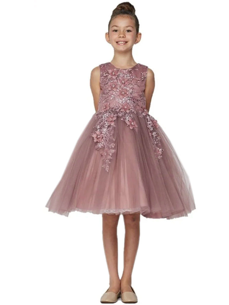 Kleid – Mädchen, Mauve, Blumenmuster, Applikationen, weich, Tüll, Ostern, Blumenmädchen – 3D / 2-12