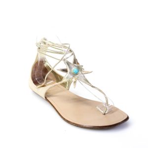 Aquazzura Sandalen – Damen, Goldfarben, Beige, verziert, T-Riemen, Flache Schuhe, Schuhe