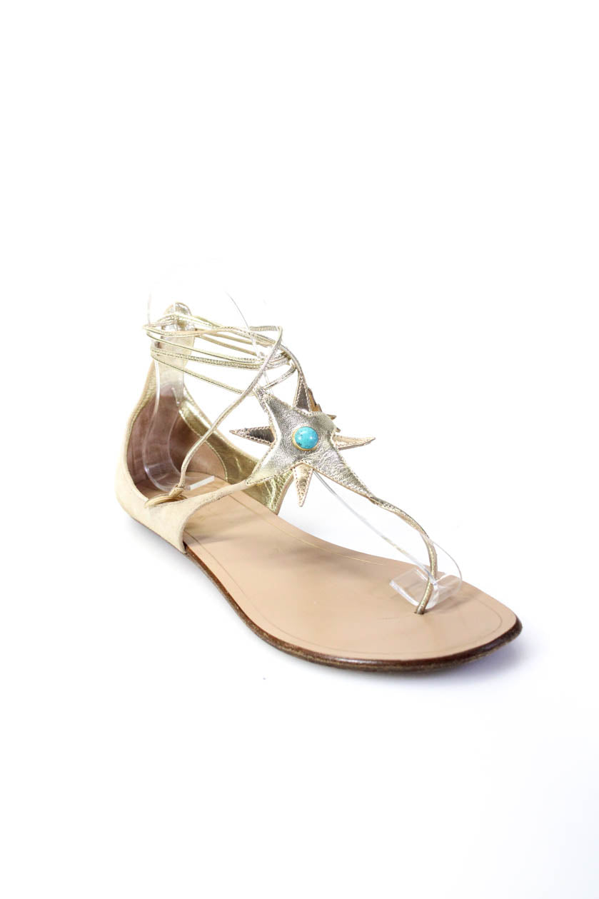 Aquazzura Sandalen – Damen, Goldfarben, Beige, verziert, T-Riemen, Flache Schuhe, Schuhe