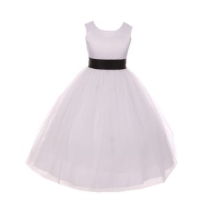 Blumenmädchenkleid für kleine Mädchen – aus Tüll, mit Satinschärpe, mit Schleife – Weiß/Schwarz – 2-6