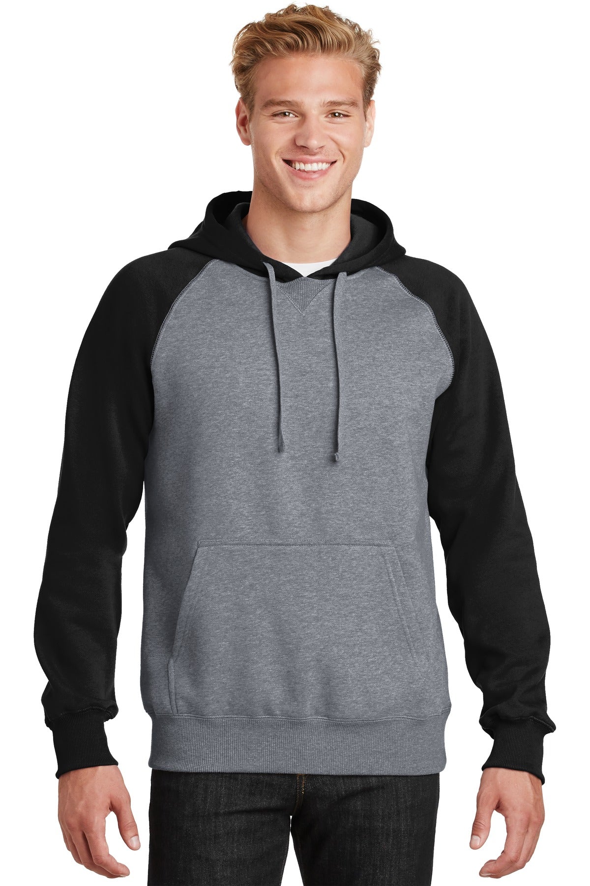 Sport-Tek Pullover – Herren, Raglan, Colorblock, Kapuzen-Sweatshirt