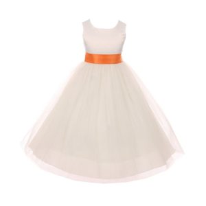 Blumenmädchenkleid für kleine Mädchen – aus Tüll, mit Satinschärpe, mit Schleife – Elfenbeinfarben/Orange – 2-6