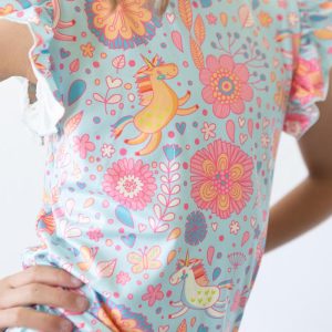 T-Shirt – Blau, Retro, Einhornmotiv, Rüschen, Kurzarm – S/S