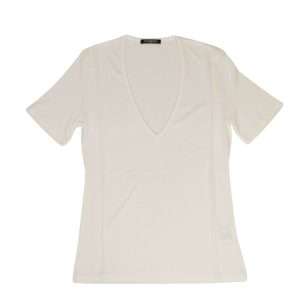 T-Shirt – Damen, Kurzarm, tiefer V-Ausschnitt, Strick, Weiß
