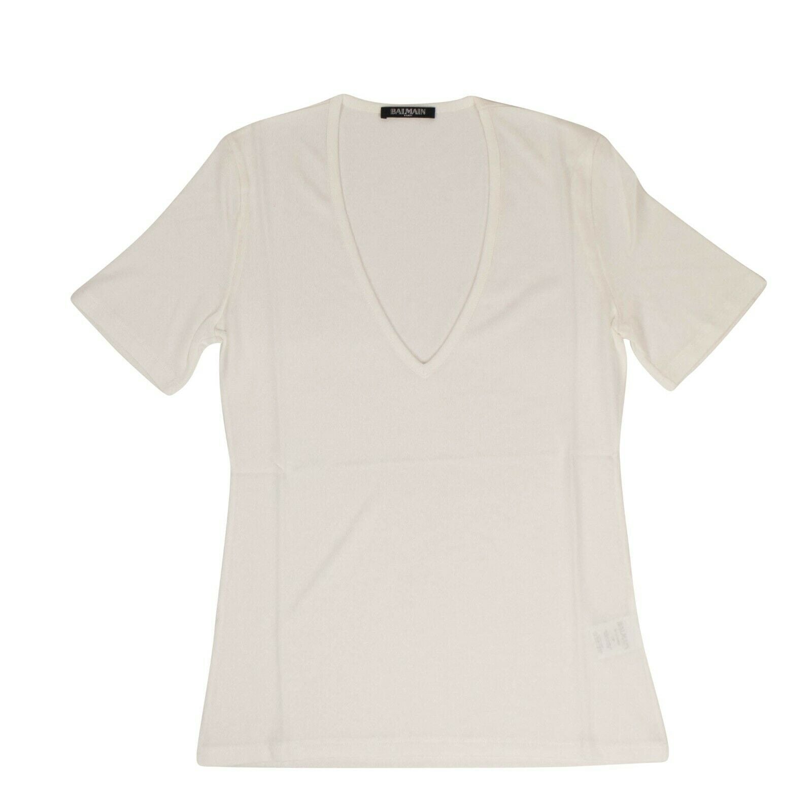 T-Shirt – Damen, Kurzarm, tiefer V-Ausschnitt, Strick, Weiß