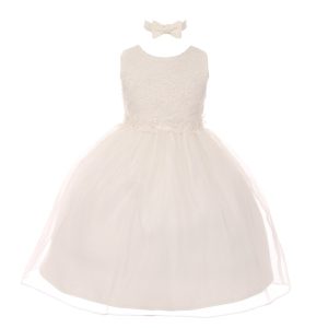 Kleid – kleine Mädchen, Elfenbein, Blumenmuster, Besatz, Organza, Überlage, Blumenmädchen – 2-4T