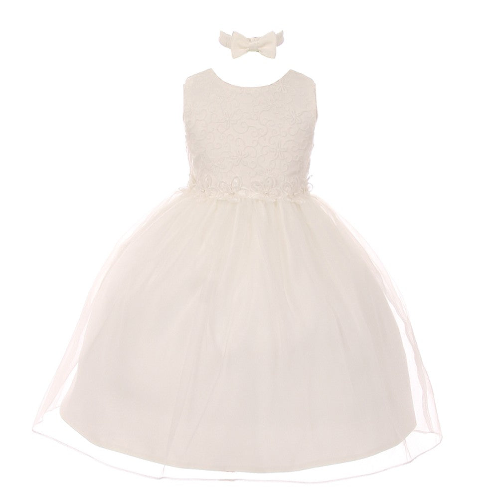 Kleid – kleine Mädchen, Elfenbein, Blumenmuster, Besatz, Organza, Überlage, Blumenmädchen – 2-4T