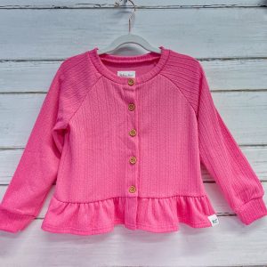 Frühlings-Strickjacke mit Rüschen – Weiß/Rosa/Lavendelfarben