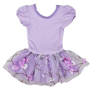 Kleid – Mädchen, Lila, Pflaumenfarben, Blume, Print, Tanz, Ballett – S (9-24M)-XL (6-8)