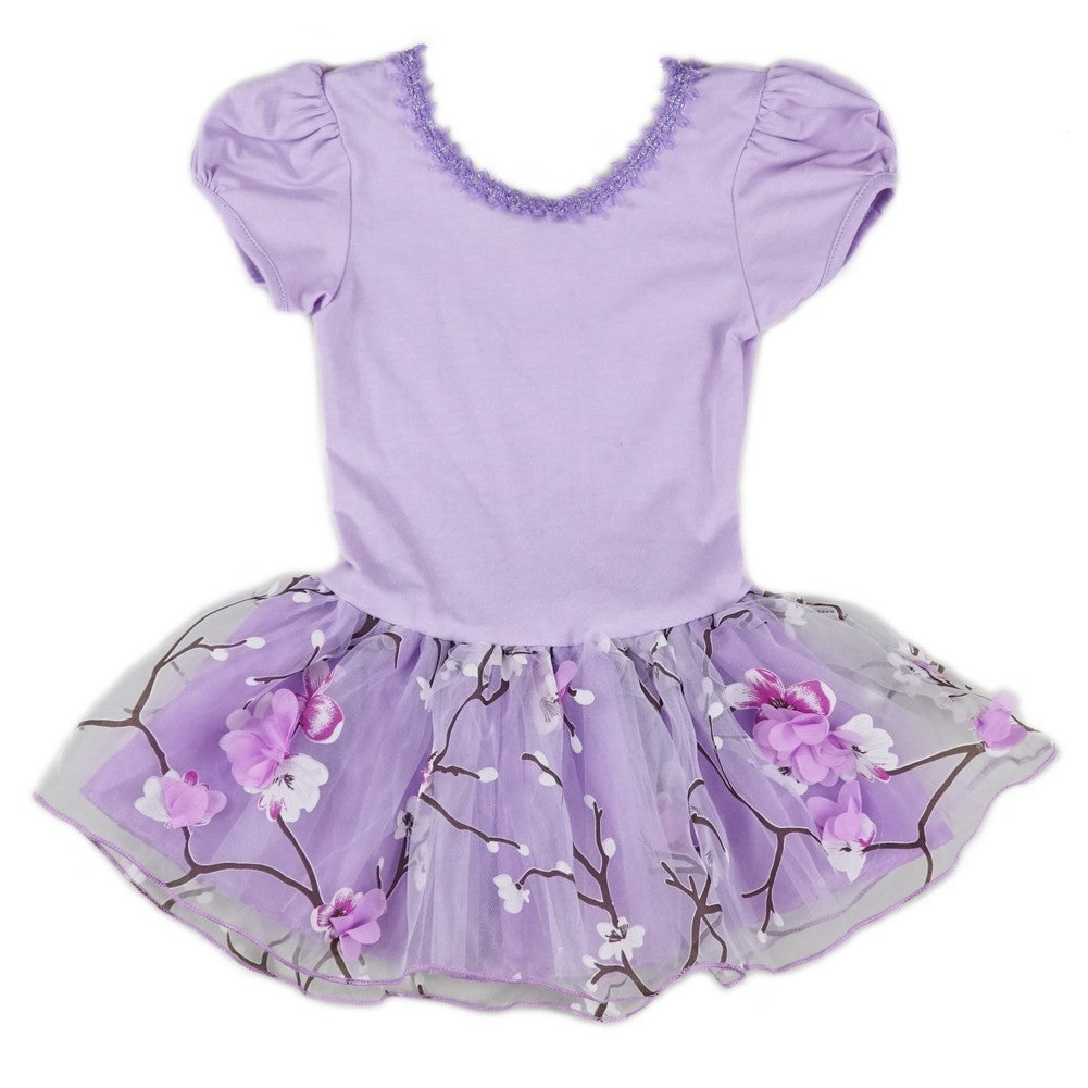 Kleid – Mädchen, Lila, Pflaumenfarben, Blume, Print, Tanz, Ballett – S (9-24M)-XL (6-8)