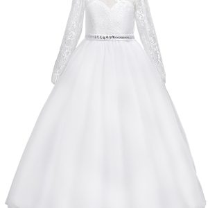 Kleid – größere Mädchen, Weiß, mit Spitze, Langarm, transparentes Detail, Ausschnitt, Kommunion, Größen – 7-16