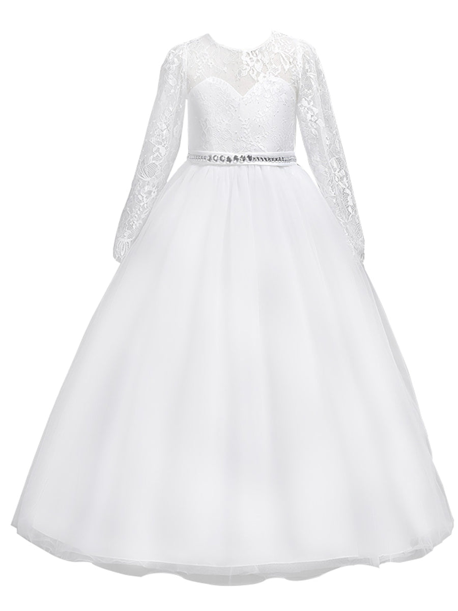 Kleid – größere Mädchen, Weiß, mit Spitze, Langarm, transparentes Detail, Ausschnitt, Kommunion, Größen – 7-16