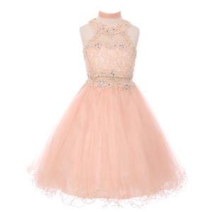 Blumenmädchenkleid für kleine Mädchen – mit Neckholder, aus Tüll, mit Spitze, mit Strass – Altrosa – 4-6