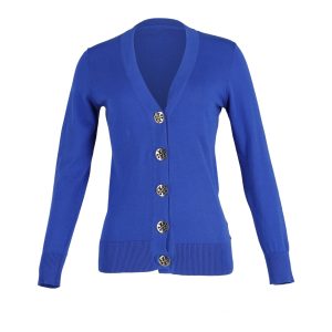 Tory Burch Strickjacke aus Wolle mit goldfarbenem Knopf – Blau