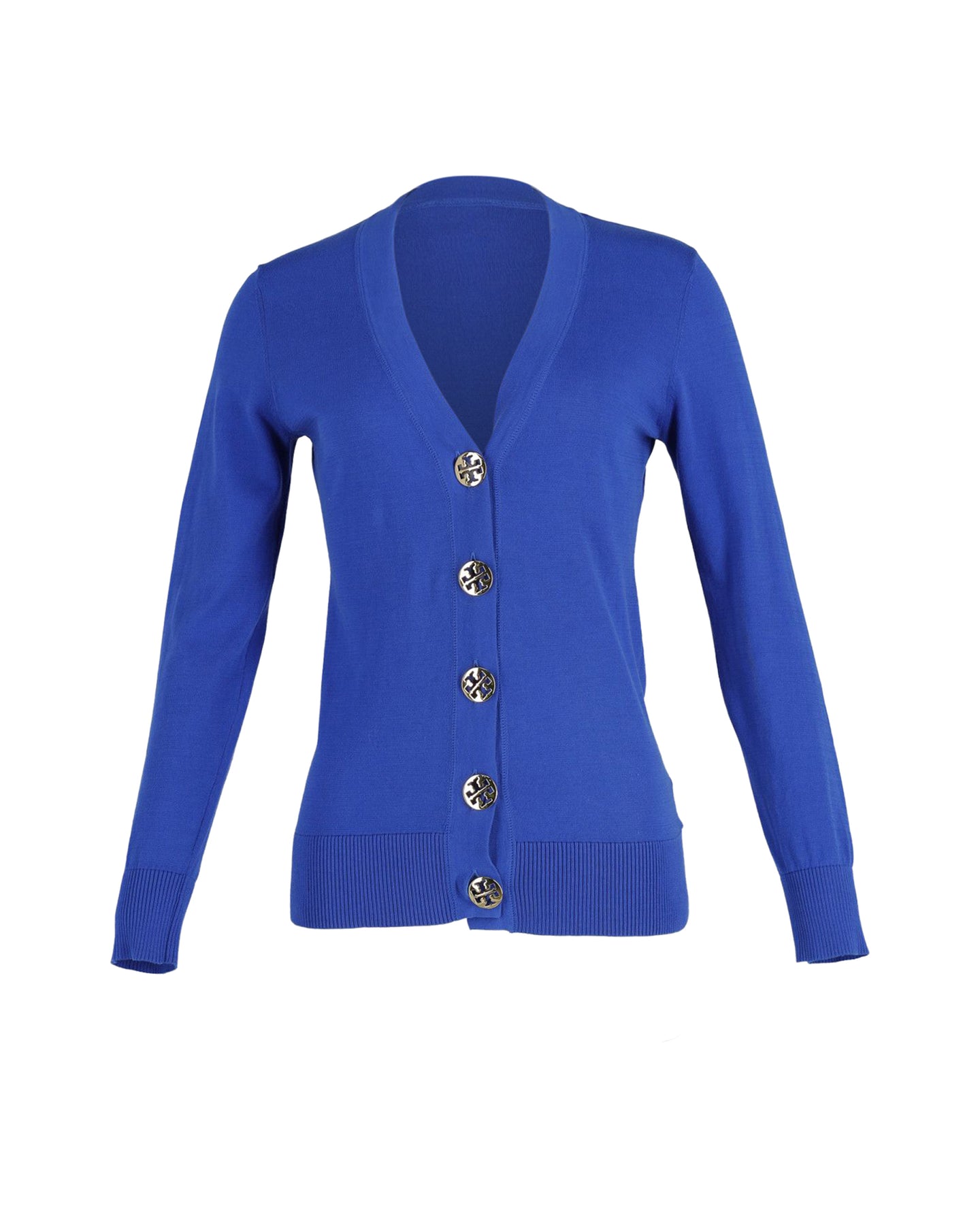 Tory Burch Strickjacke aus Wolle mit goldfarbenem Knopf – Blau