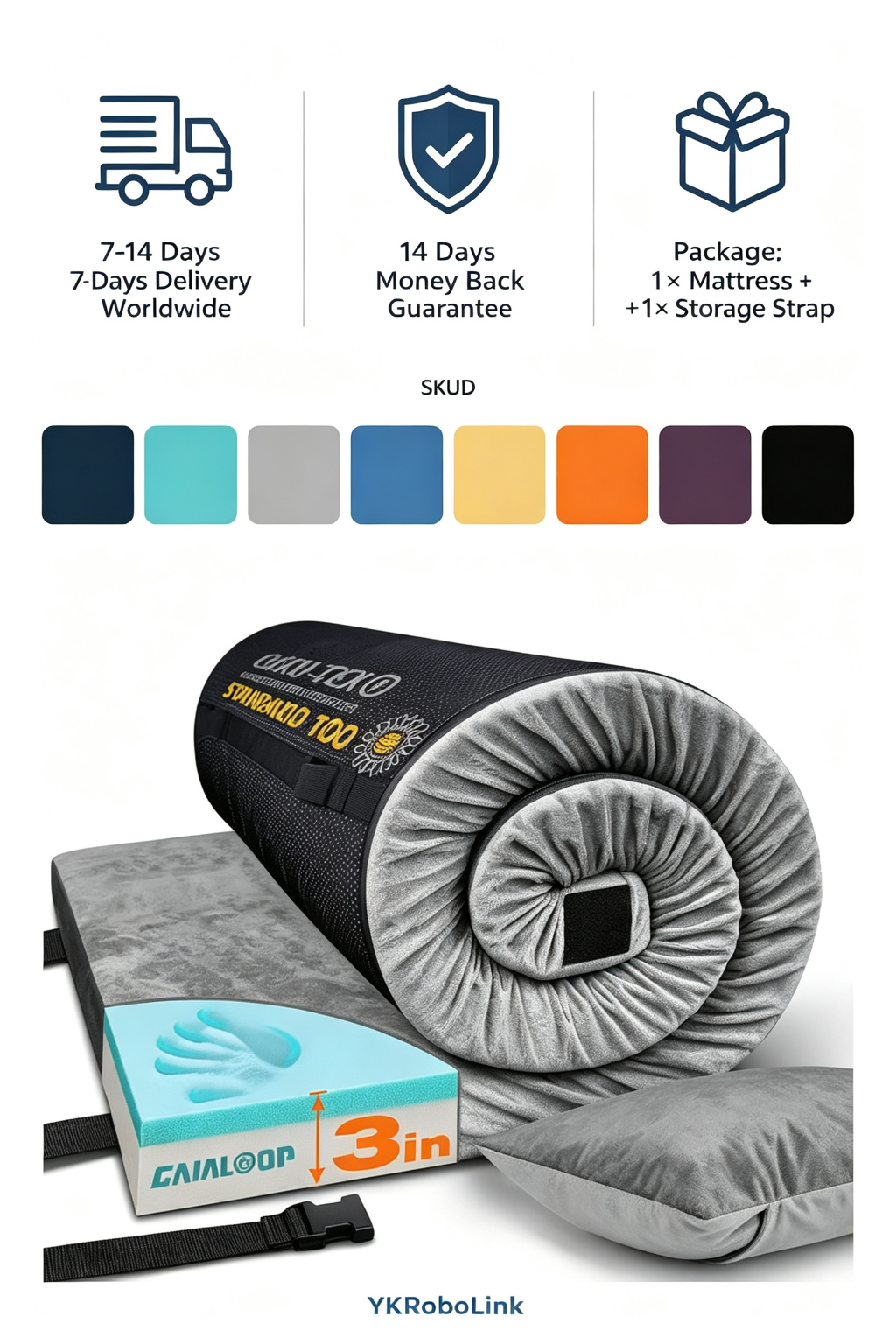 3cm Thick Memory Foam Camping Mattress (Roll-Up) detail image
