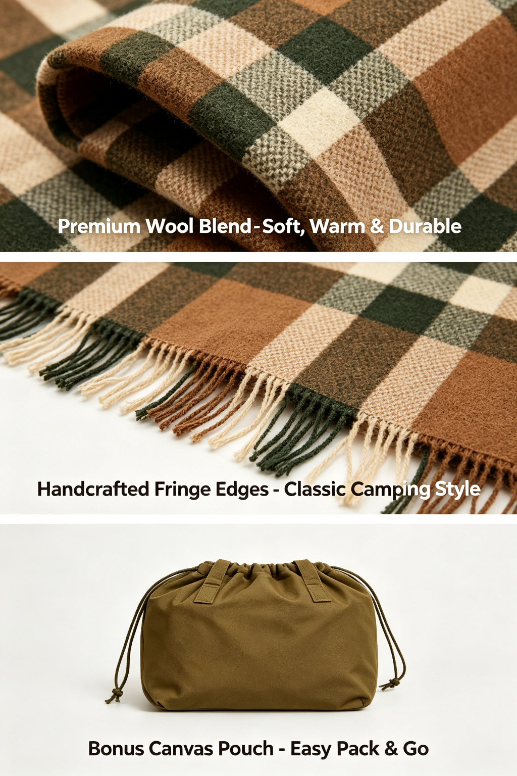 Classic Plaid Wool Blend Outdoor Blanket detail image