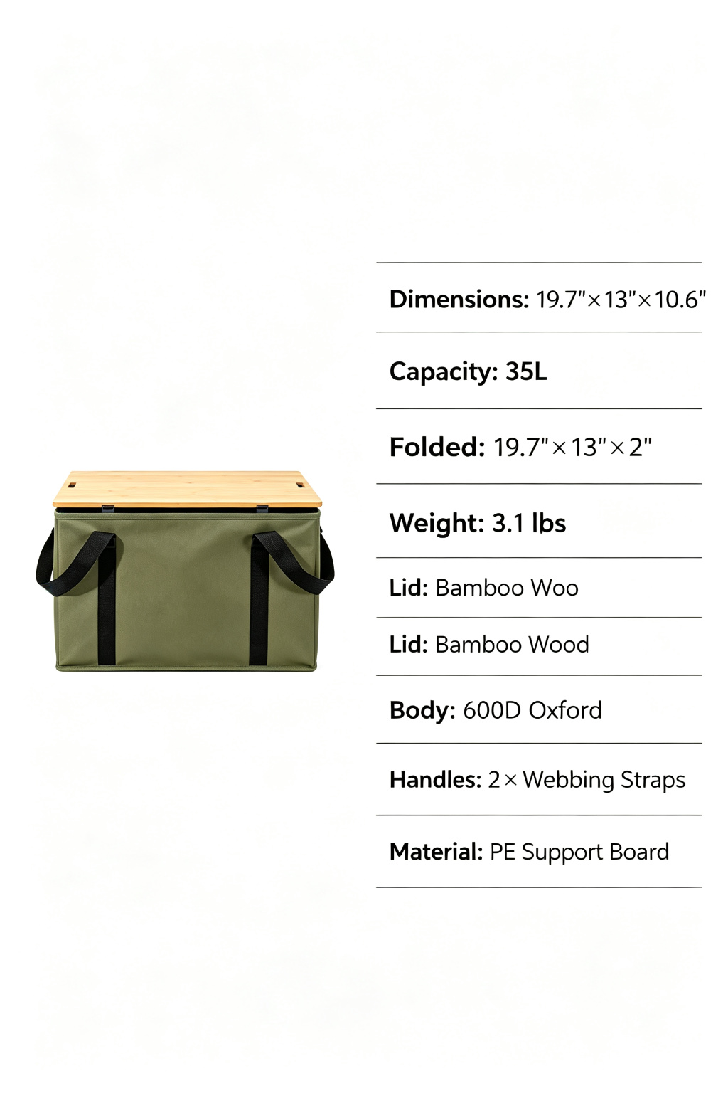Foldable Camping Storage Box with Bamboo Wood Lid detail image